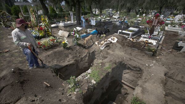 Un trabajador cava tumbas en la sección del COVID-19 del cementerio en las afueras de la Ciudad de México - Sputnik Mundo
