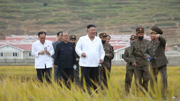 Kim Jong-un, líder norcoreano, durante la inspección de las obras de reconstrucción de las zonas azotadas por los tifones - Sputnik Mundo