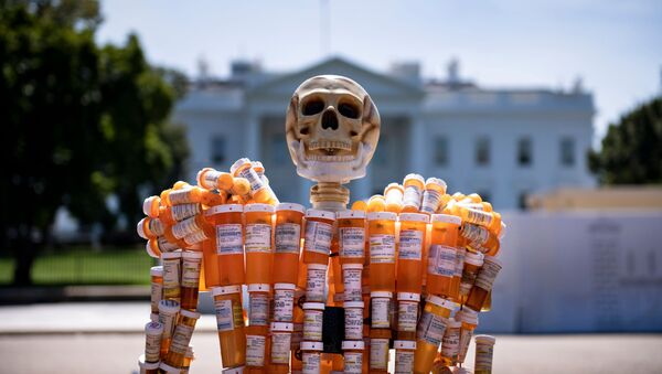 Un esqueleto hecho de botellas de prescripción de oxicontina y metadona frente a la Casa Blanca - Sputnik Mundo