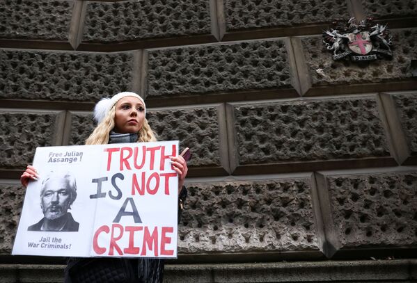 Una partidaria de Assange sostiene una pancarta a las puertas de Old Bailey. - Sputnik Mundo