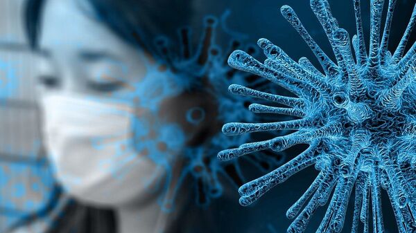 Una mujer con mascarilla y un virus (imagen referencial) - Sputnik Mundo