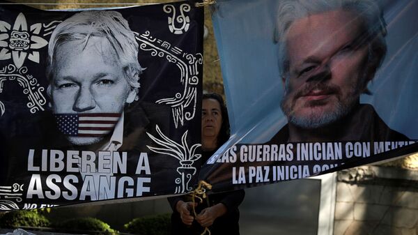 Pancartas a favor de liberación del fundador de WikiLeaks, Julian Assange  - Sputnik Mundo