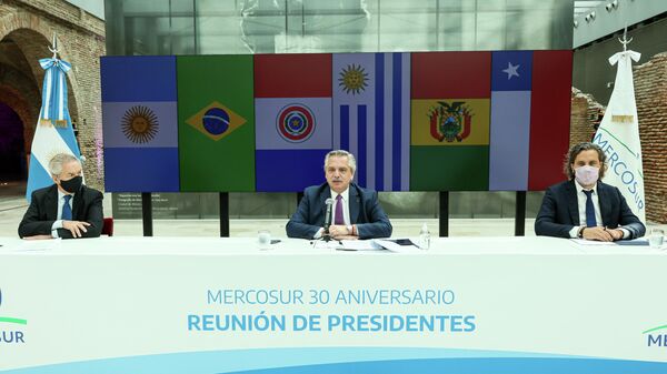 El canciller argentino, Felipe Solá, en conjunto con el presidente, Alberto Fernández, durante la videoconferencia del Mercosur - Sputnik Mundo
