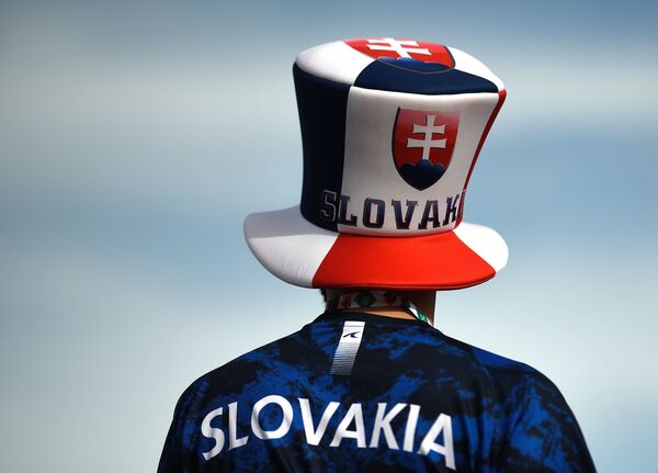 Un aficionado eslovaco en la zona de hinchas del estadio Gazprom Arena de San Petersburgo, Rusia, antes del partido entre Polonia y Eslovaquia. La selección eslovaca ganó por 2-1. - Sputnik Mundo