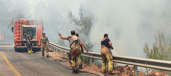 Las autoridades turcas están investigando las causas de los incendios forestales que azotan el sur del país y no se descarta la versión de que resulten premeditados. En la foto: un grupo de bomberos trabaja en la extinción de los incendios. - Sputnik Mundo