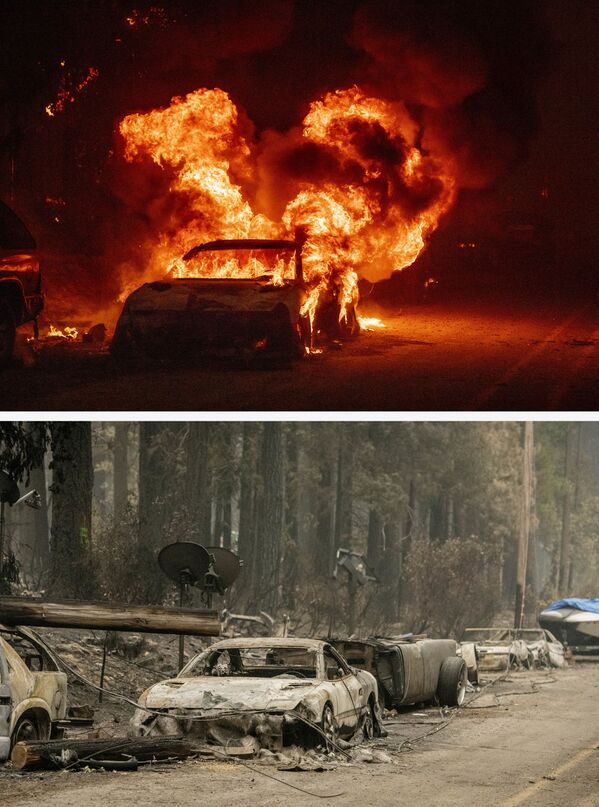 Un auto en llamas (arriba) el 24 de julio de 2021 y lo que quedó del mismo tras el incendio el 7 de agosto de 2021. Un auto en llamas (arriba) el 24 de julio de 2021 y lo que quedó del mismo tras el incendio el 7 de agosto de 2021. - Sputnik Mundo