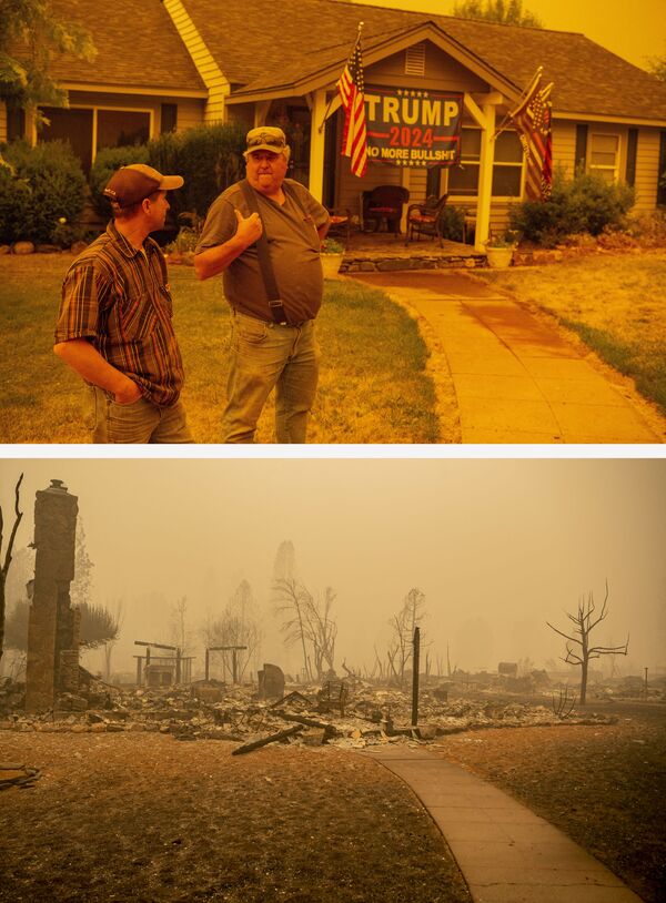 Jerry Whipple (a la derecha) discute el 23 de julio de 2021 con su vecino la posibilidad de ignorar una orden de evacuación obligatoria frente a su casa que se quemó dos semanas después, el 7 de agosto de 2021, debido al incendio Dixie en la ciudad de Greenville, California. - Sputnik Mundo