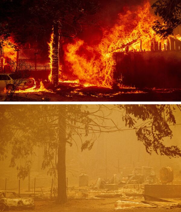 Una casa en llamas el 5 de agosto de 2021 (arriba) y sus ruinas (abajo) tras el incendio de Dixie el 6 de agosto de 2021, Greenville, California. - Sputnik Mundo