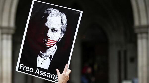 Un partidario del fundador de Wikileaks, Julian Assange, protesta frente a los Reales Tribunales de Justicia en Londres, el 27 de octubre de 2021 - Sputnik Mundo