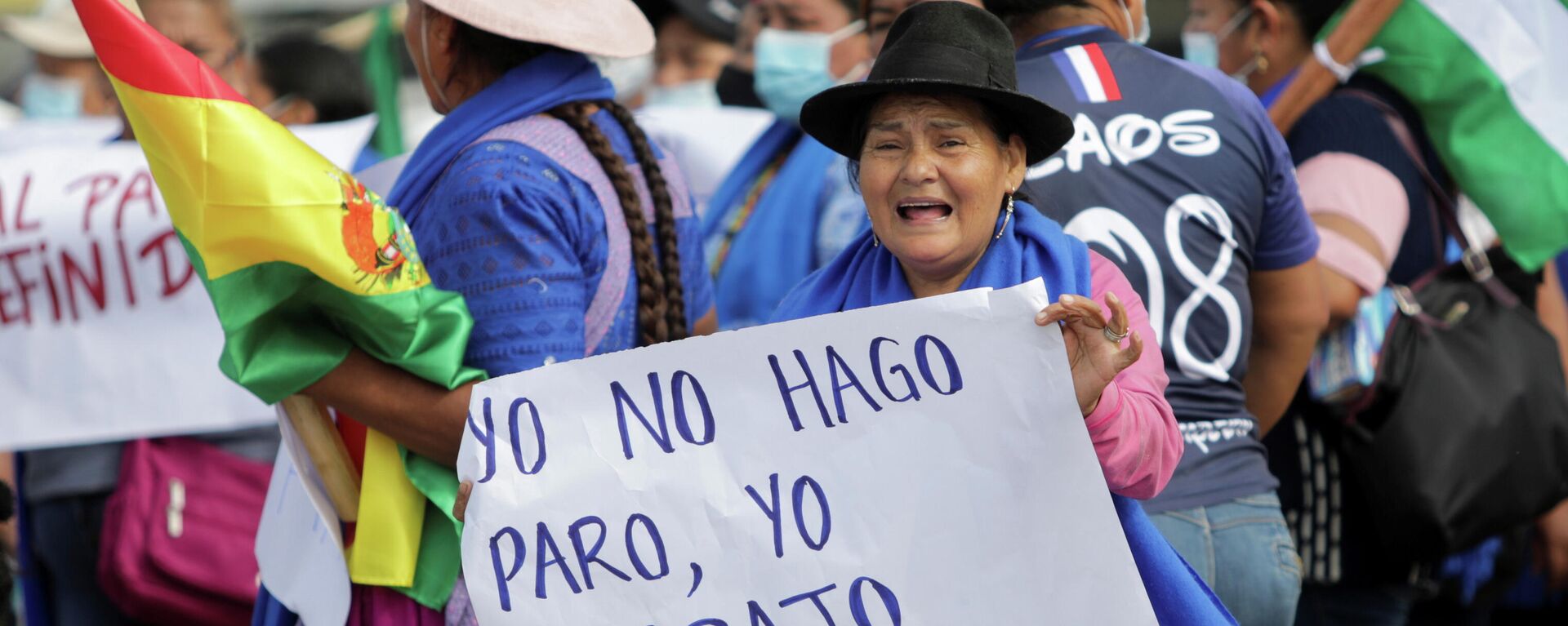 Una partidaria del presidente boliviano Luis Arce sostiene un cartel que dice No paro, trabajo, mientras aumentan las tensiones políticas en el país debido al paro indefinido convocado por la oposición - Sputnik Mundo, 1920, 12.11.2021