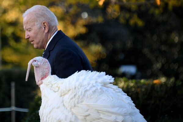El presidente estadounidense, Joe Biden, durante la tradicional ceremonia de perdón al pavo realizada con motivo del Día de Acción de Gracias en la Casa Blanca, Washington (Estados Unidos). - Sputnik Mundo