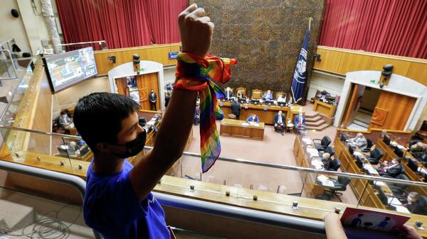 Una persona levanta su puño durante una sesión del Senado para aprobar un proyecto de ley de matrimonio entre personas del mismo sexo en Valparaíso, Chile, el 7 de diciembre de 2021 - Sputnik Mundo