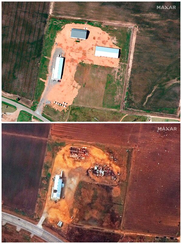 Una granja en Monette, Arkansas, antes y después del paso del tornado. - Sputnik Mundo
