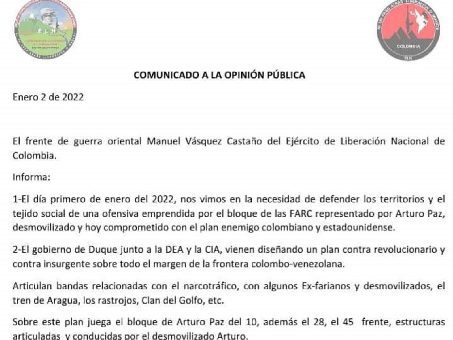 Comunicado del Ejército de Liberación Nacional de Colombia sobre la violencia en Arauca - Sputnik Mundo, 1920, 04.01.2022