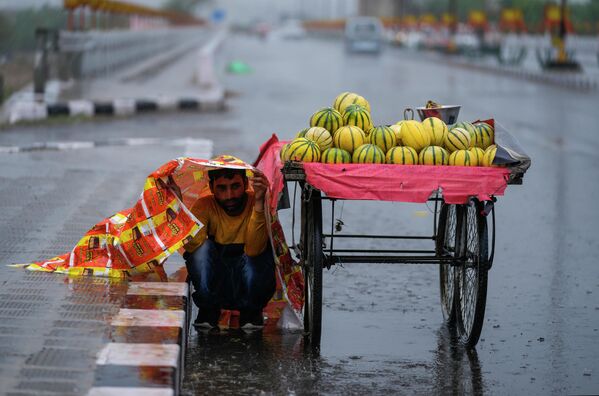 Un vendedor de frutas en medio de la lluvia en Jammu, la India. - Sputnik Mundo