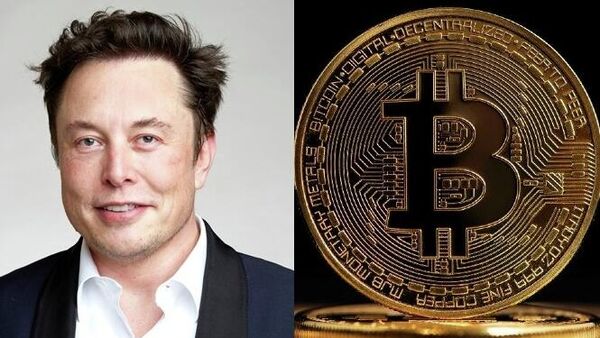 El empresario estadounidense Elon Musk y una moneda bitcóin - Sputnik Mundo