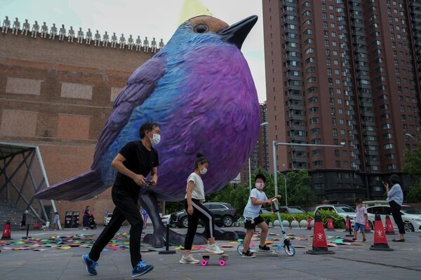 Varias personas cerca de un pájaro gigante de una galería de arte en Pekín, China. - Sputnik Mundo