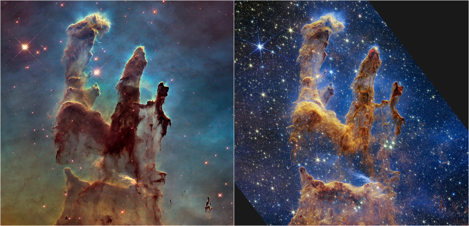 Las imagenes del los Pilares de la Creación hechas por Hubble (izq.) y James Webb (drch.) - Sputnik Mundo, 1920, 20.10.2022