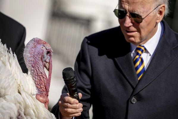 El presidente de EEUU, Joe Biden, durante la ceremonia de indulto a dos pavos. Esta actividad tradicionalmente es celebrada en la Casa Blanca, en la víspera del Día de Acción de Gracias. - Sputnik Mundo