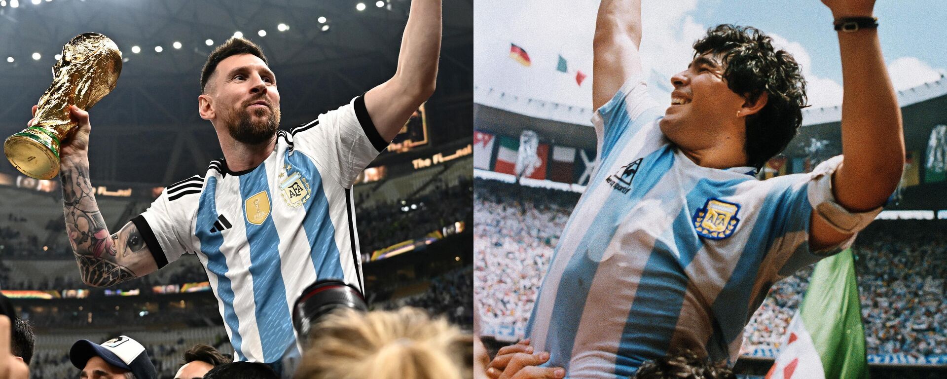 Lionel Messi en Lusail, 2022 y Diego Armando Maradona en Ciudad de México, 1986 - Sputnik Mundo, 1920, 19.12.2022