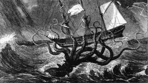 El monstruo marino Kraken en acción contra un barco. - Sputnik Mundo