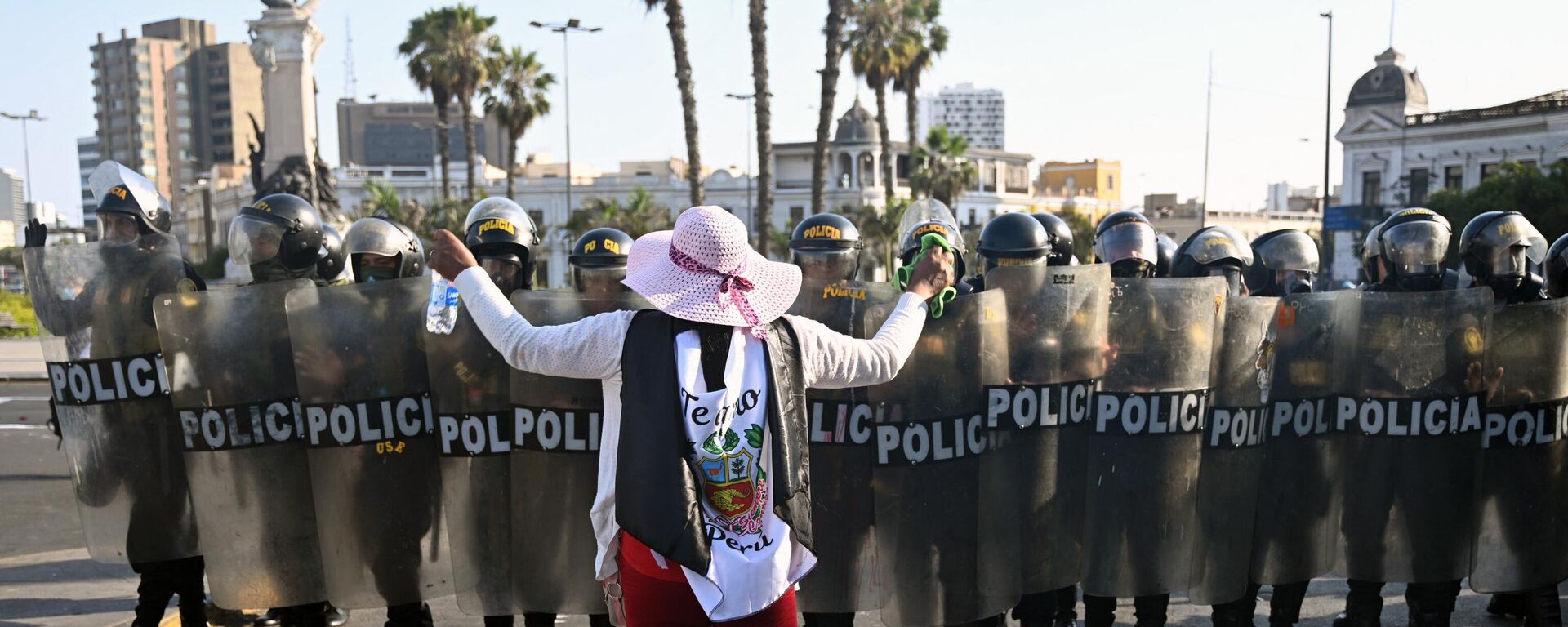 Una mujer enfrenta a la policía en Lima durante una protesta por la renuncia de la presidenta Dina Boluarte. - Sputnik Mundo, 1920, 24.01.2023