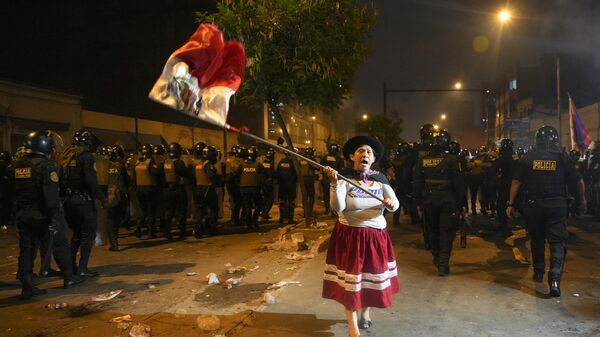 Aida Aroni ondeando una bandera de Perú frente a los policías antes de detenida - Sputnik Mundo