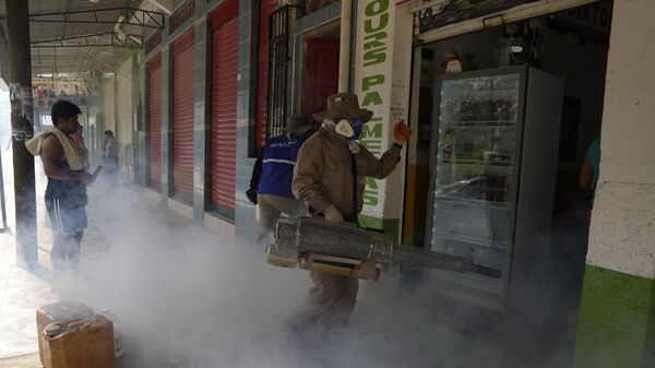 Un trabajador sanitario pulveriza mosquitos para mitigar el dengue en Bolivia - Sputnik Mundo