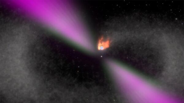 Los rayos gamma de la viuda negra (magenta) calientan el lado ardiente del lado diurno de la estrella (Archivo) - Sputnik Mundo