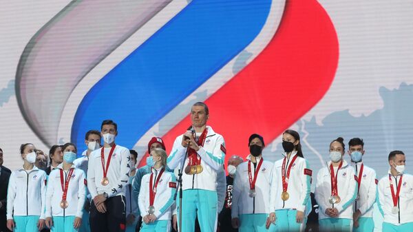 Atletas de la selección rusa durante la ceremonia de bienvenida a los olímpicos en el VTB Arena de Moscú, Rusai.  - Sputnik Mundo