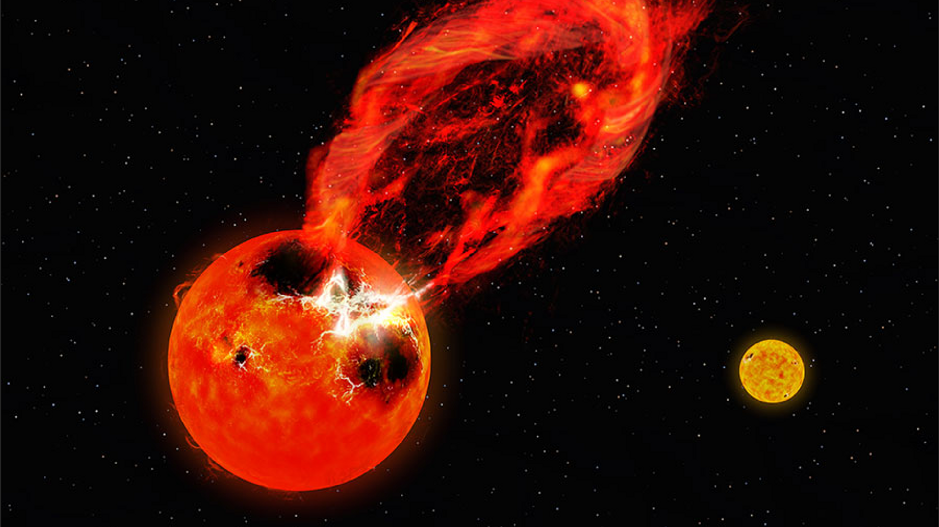 Impresión artística de una llamarada masiva, llamada superllamarada, observada en una de las estrellas en el sistema estelar binario V1355 Orionis. La estrella compañera binaria es visible en el fondo a la derecha. - Sputnik Mundo, 1920, 01.05.2023