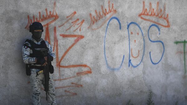 Un soldado mexicano monta guardia junto a unos grafitis alusivos al grupo criminal cártel de Sinaloa en el poblado Palmas Altas, en el estado de Zacatecas, México.  - Sputnik Mundo