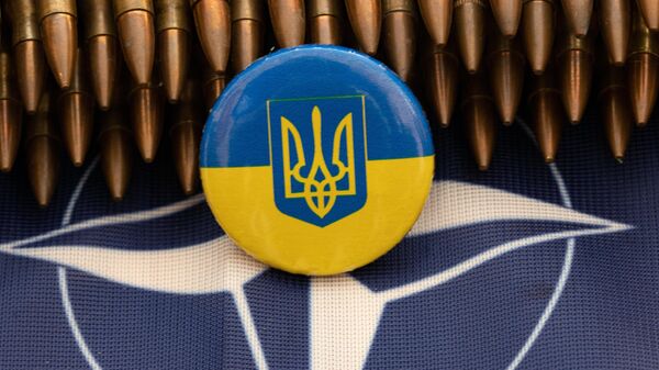 Las banderas de Ucrania y la OTAN cerca de municiones - Sputnik Mundo