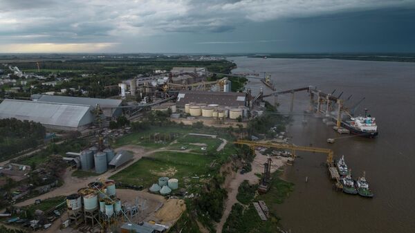 Vista de plantas procesadoras de grano a orillas del río Paraná en Puerto General San Martín, Argentina. - Sputnik Mundo