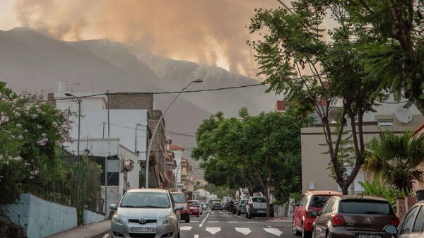 Columnas de humo procedentes de un incendio forestal en una zona boscosa del valle de Güímar, en la isla canaria de Tenerife - Sputnik Mundo