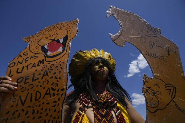 Una mujer pataxo lleva carteles con imágenes de jaguares en los que se lee en portugués: &quot;Los jaguares luchan por la vida&quot;. - Sputnik Mundo