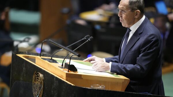 El canciller ruso Serguéi Lavrov en su intervención ante la Asamblea General de la ONU. - Sputnik Mundo