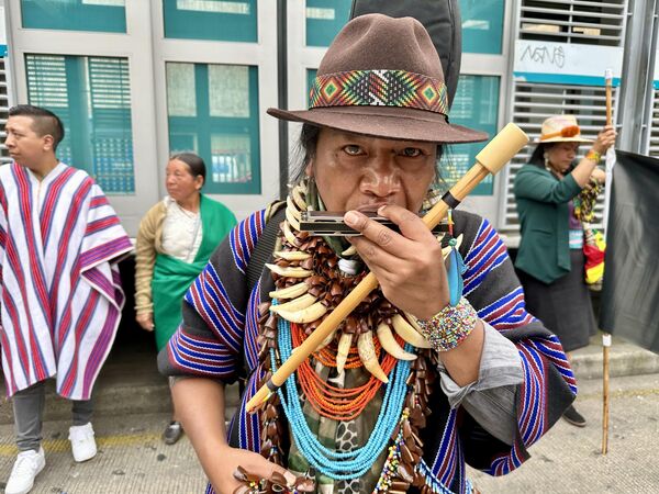 Los Mayores, como se le dicen a los líderes de la Guardia Indígena, marcharon y a la vez interpretaron música andina, característica del suroccidente colombiano.  - Sputnik Mundo
