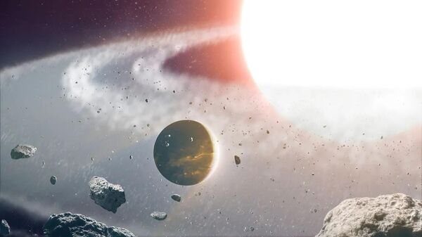 Figuración artística de la interacción del planeta 8 Ursae Minoris b con la gigante roja que debió destruirlo. - Sputnik Mundo
