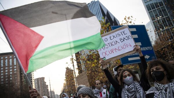 Una mujer ondea una bandera de Palestina durante una movilización en Santiago de Chile - Sputnik Mundo
