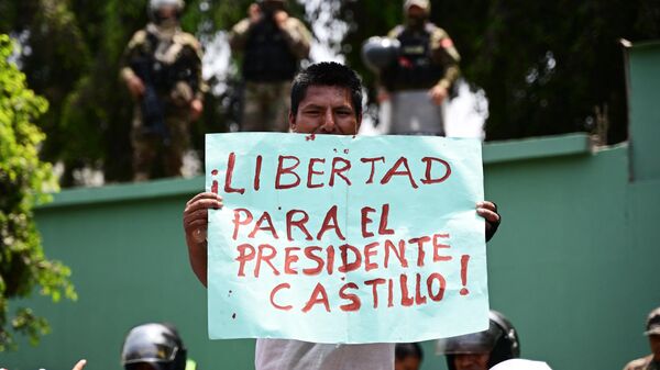 Un manifestante peruano muestra su apoyo al expresidente Pedro Castillo  - Sputnik Mundo
