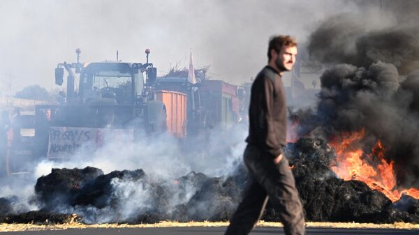 Agricultores franceses queman pacas de paja mientras bloquean la autopista A9 durante una manifestación contra una serie de cuestiones que afectan a su sector, el 26 de enero de 2024  - Sputnik Mundo