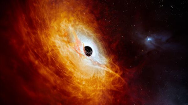 
Esta impresión artística muestra el cuásar J059-4351, que batió récords, el núcleo brillante de una galaxia distante impulsado por un agujero negro supermasivo. - Sputnik Mundo