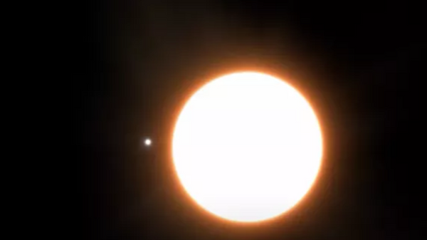 Impresión artística del exoplaneta LTT9779b en órbita alrededor de su estrella. - Sputnik Mundo