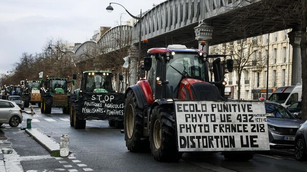 Agricultores conducen sus tractores durante una protesta, el 23 de febrero de 2024 en París  - Sputnik Mundo