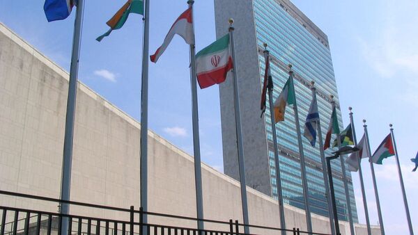 Banderas de los Estados Miembros de las Naciones Unidas frente de la sede de la ONU en Nueva York - Sputnik Mundo
