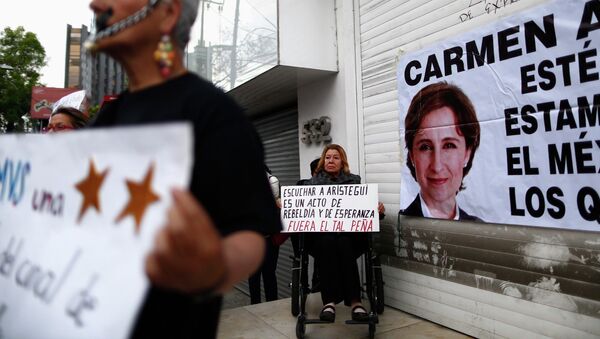 A supporter holds a sign during a protest against the dismissal of Mexican journalist Carmen Aristegui - Sputnik Mundo