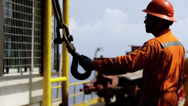 An oil worker holds the hook of a crane at the Centenario deep-water drilling platform off the coast of Veracruz, Mexico in the Gulf of Mexico - Sputnik Mundo