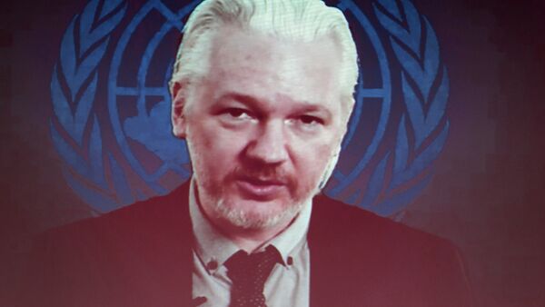Fundador de Wikileaks Julian Assange aparece en la pantalla hablando via web cast desde la Embajada de Ecuador - Sputnik Mundo