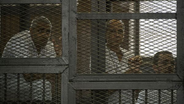 Periodista de la cadena Al-Jazeera Peter Greste (centro), periodista egipcio-canadiense Mohamed Fahmi (izda.) y periodista egipcio Mohamed Baher durante la audiencia tribunal, Egipto - Sputnik Mundo